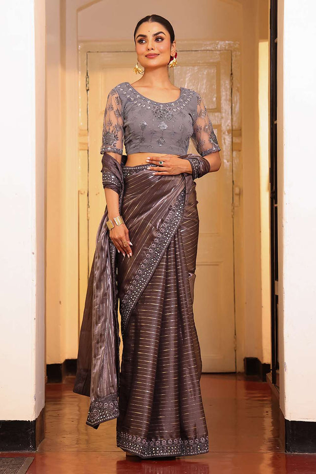 Grey Embellished Tissue Saree
