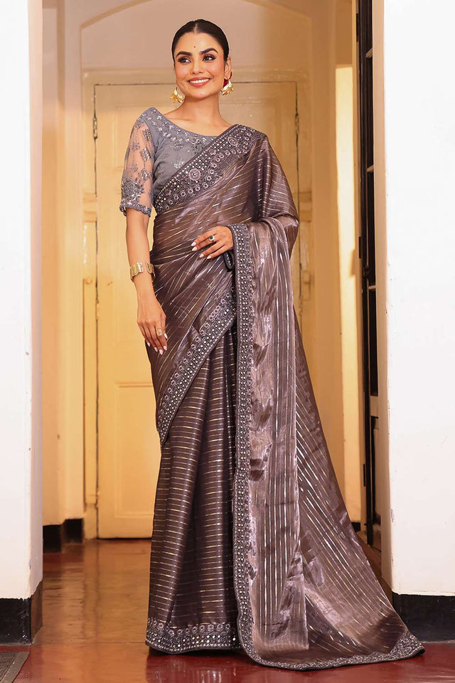 Grey Embellished Tissue Saree