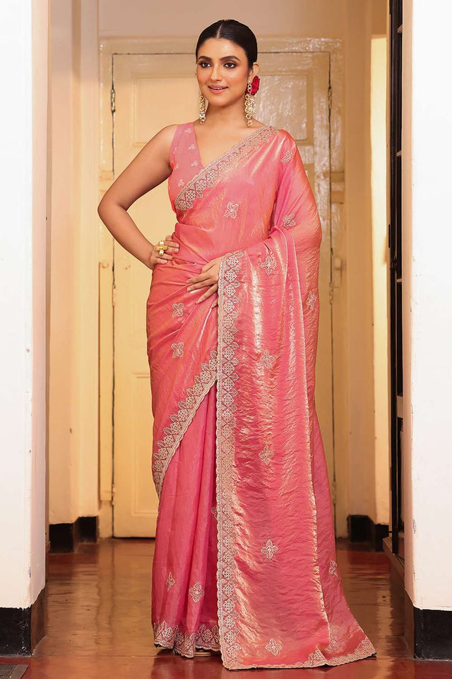 Rust Stone Embossed Tissue Saree