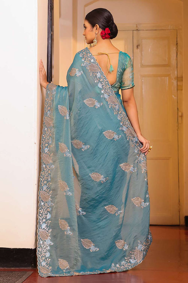 Blue Embroidered Tissue Saree