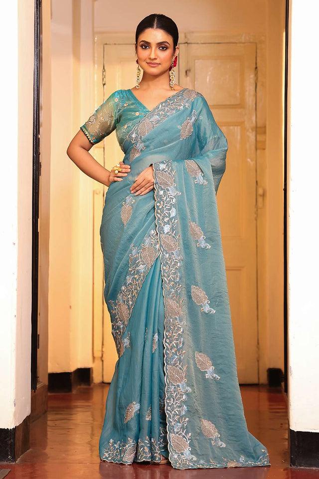 Blue Embroidered Tissue Saree