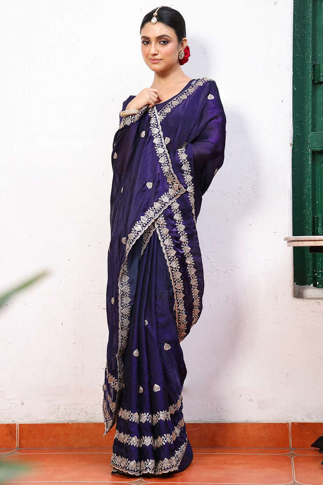 Blue Embroidered Tissue Saree