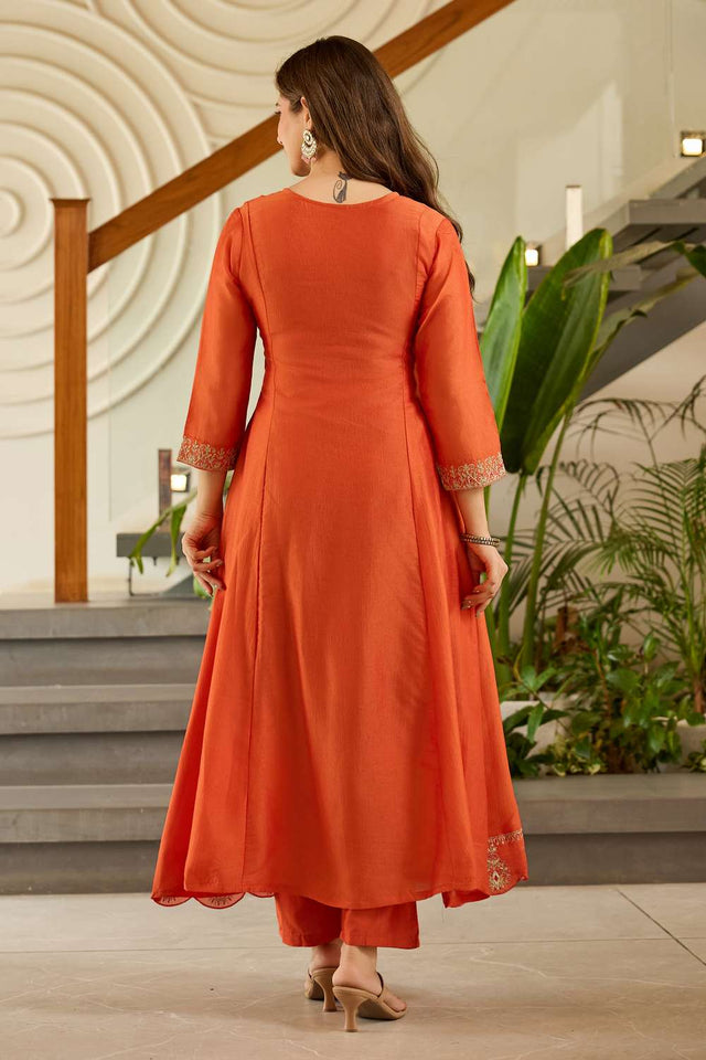 Rust Silk Floral Embroidered Anarkali Suit Set