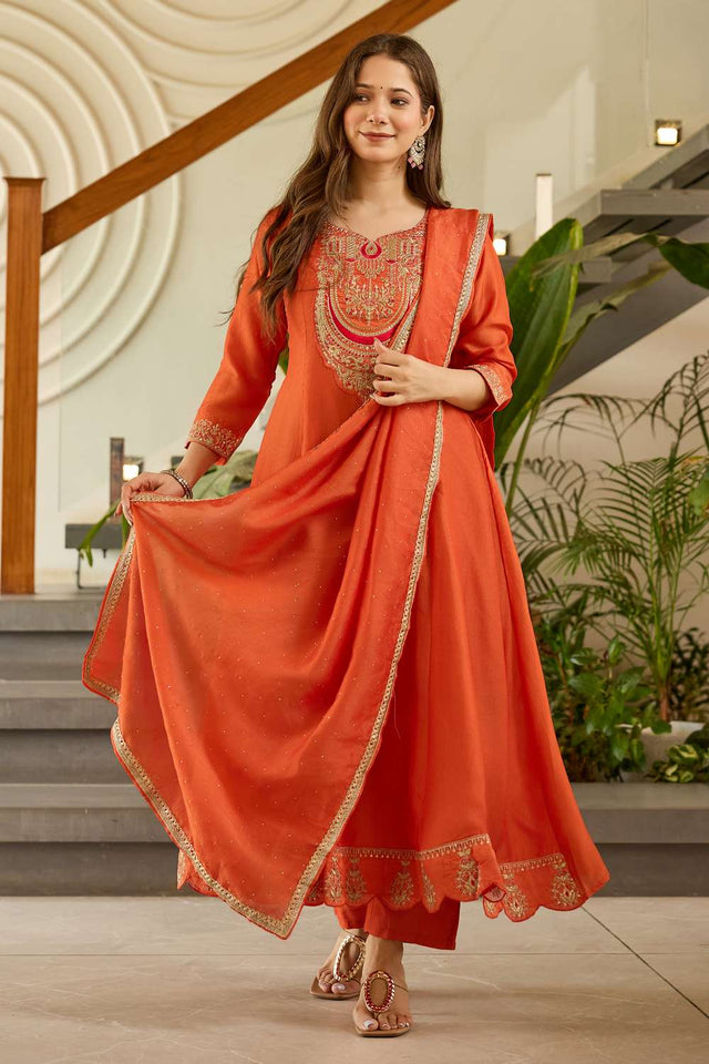 Rust Silk Floral Embroidered Anarkali Suit Set