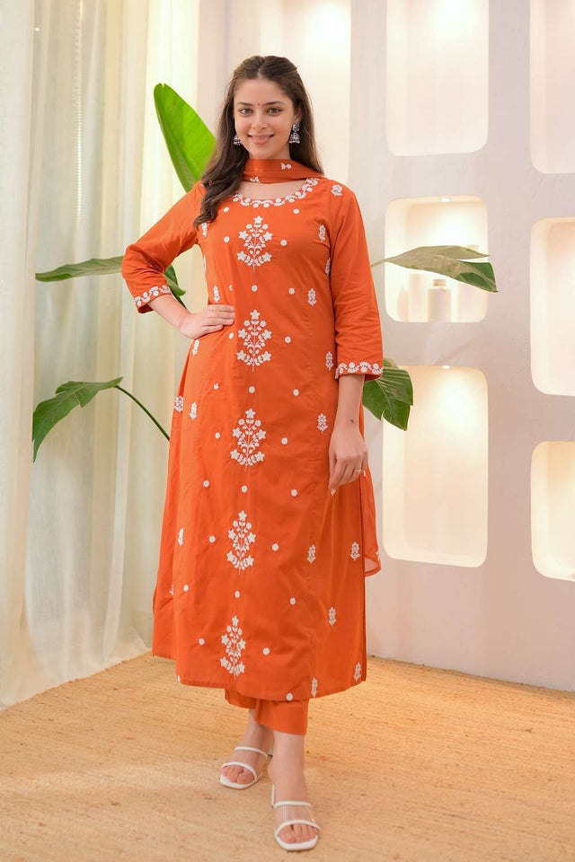 Orange Rayon Floral Embroidered Kurti Pant Set