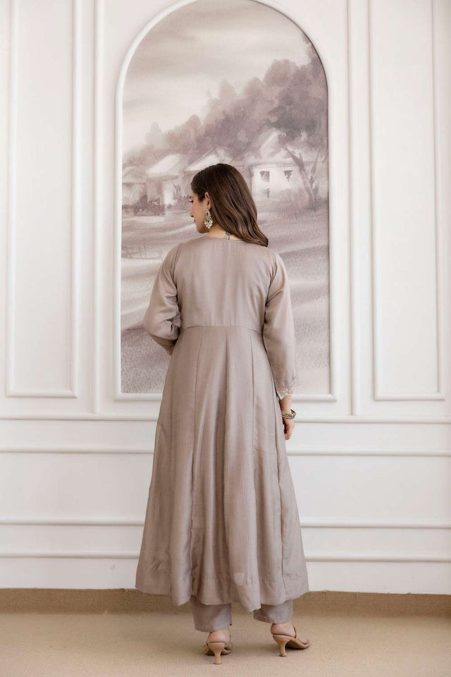 Brown Silk Sequin with Embroidered Anarkali Suit Set