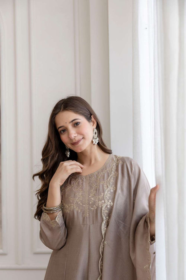 Brown Silk Sequin with Embroidered Anarkali Suit Set