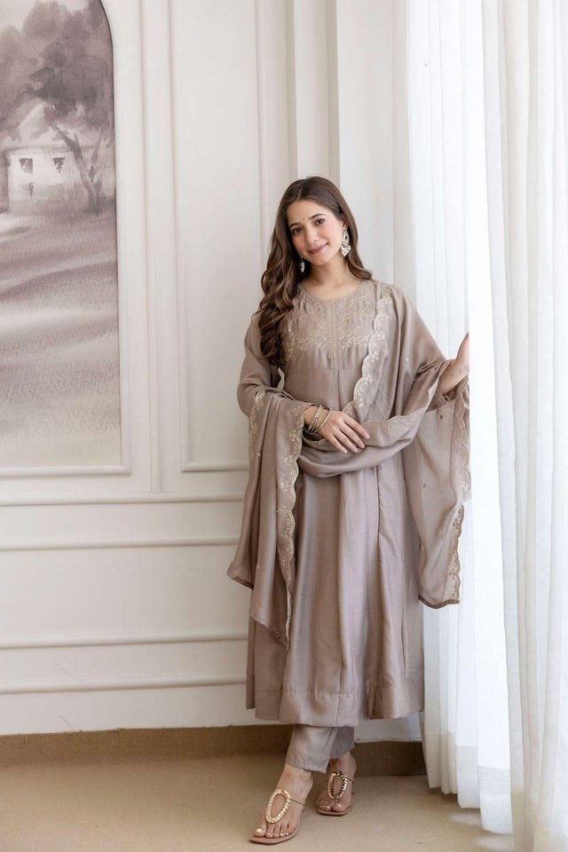 Brown Silk Sequin with Embroidered Anarkali Suit Set