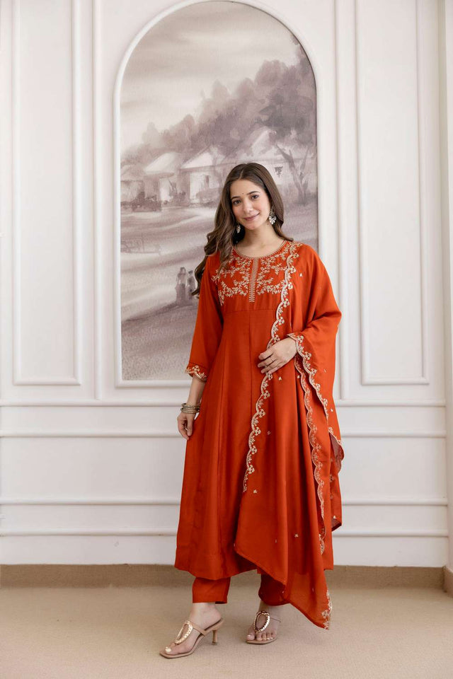 Orange Silk Sequin with Embroidered Anarkali Suit Set