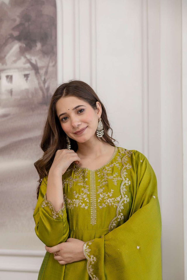 Dark Green Silk Sequin with Embroidered Anarkali Suit Set