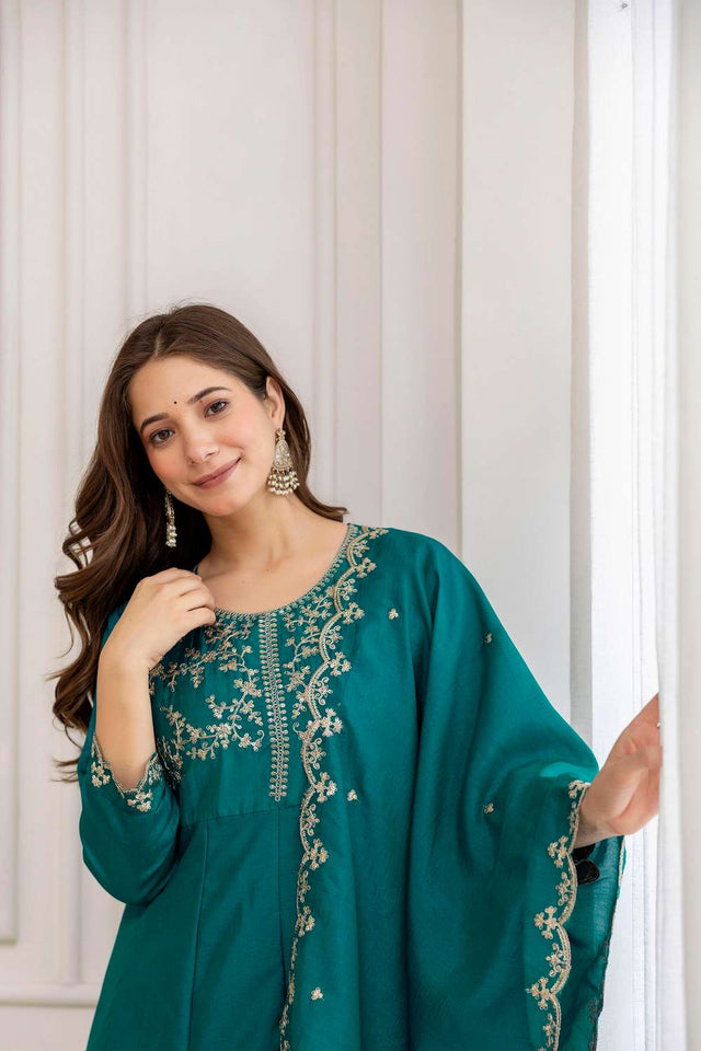 Turquoise Silk Sequin with Embroidered Anarkali Suit Set