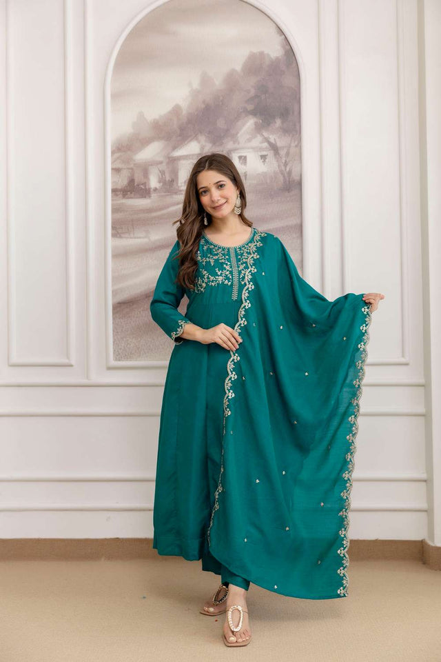 Turquoise Silk Sequin with Embroidered Anarkali Suit Set
