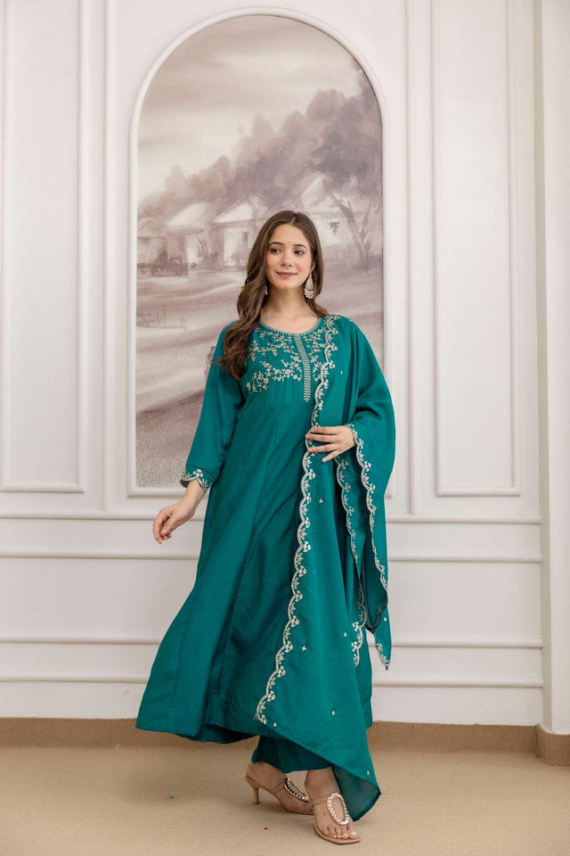 Turquoise Silk Sequin with Embroidered Anarkali Suit Set