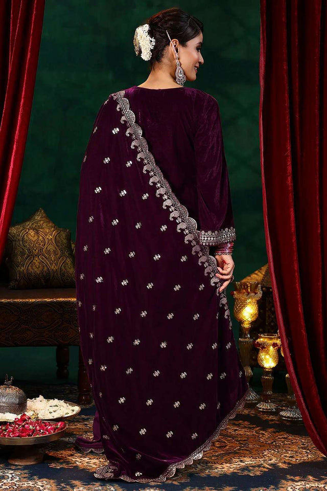 Maroon Velvet Embroidered Kurti Pant Set