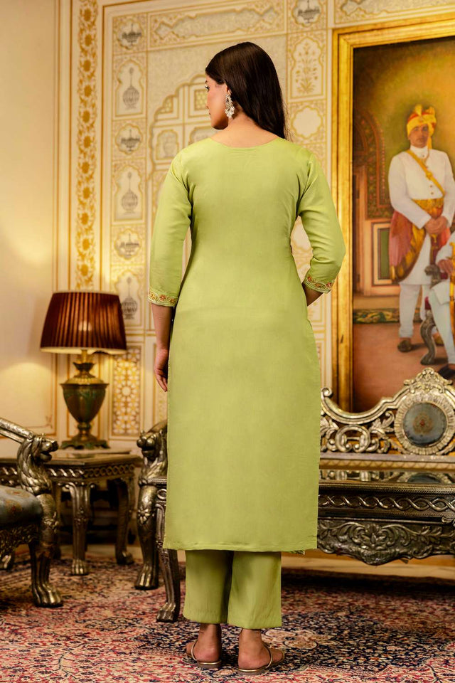 Green Viscose Floral Embroidered Kurti Pant Set