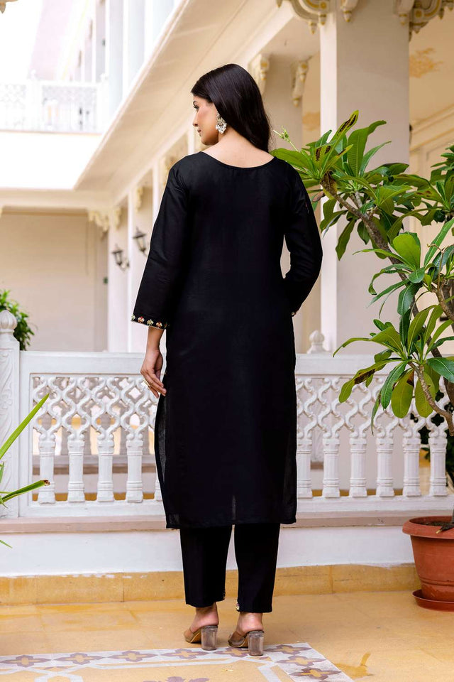 Black Chanderi Sequin with Embroidered Kurti Pant Set