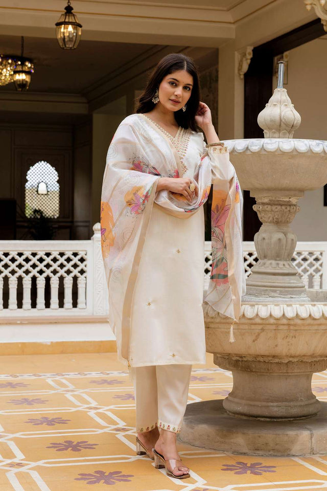 Off White Chanderi Sequin with Embroidered Kurti Pant Set