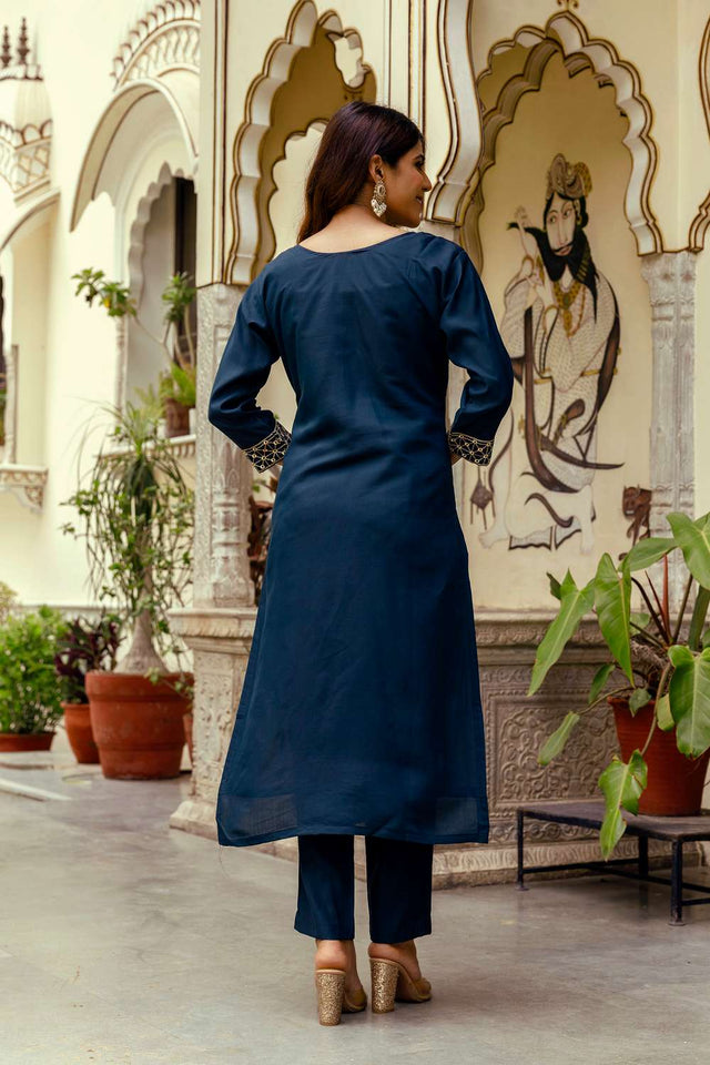 Navy Blue Chanderi Floral Embroidered Kurti Pant Set