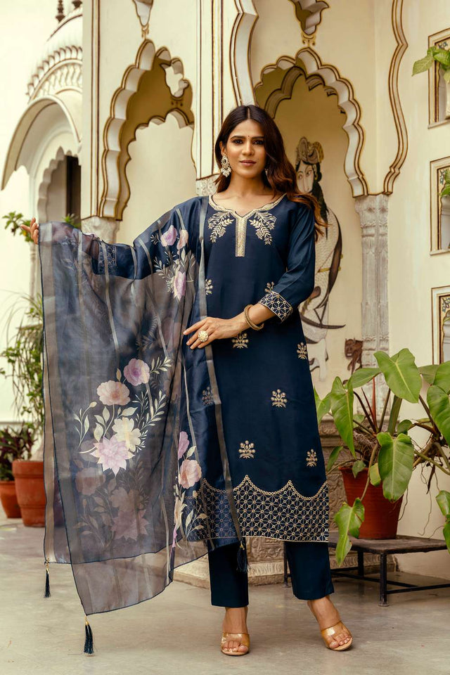 Navy Blue Chanderi Floral Embroidered Kurti Pant Set