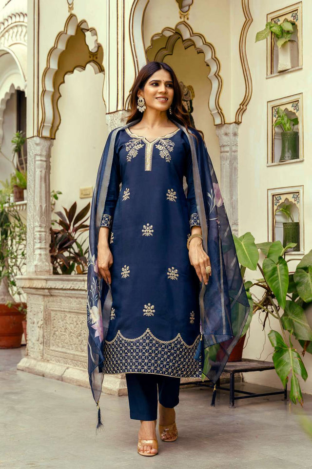Navy Blue Chanderi Floral Embroidered Kurti Pant Set