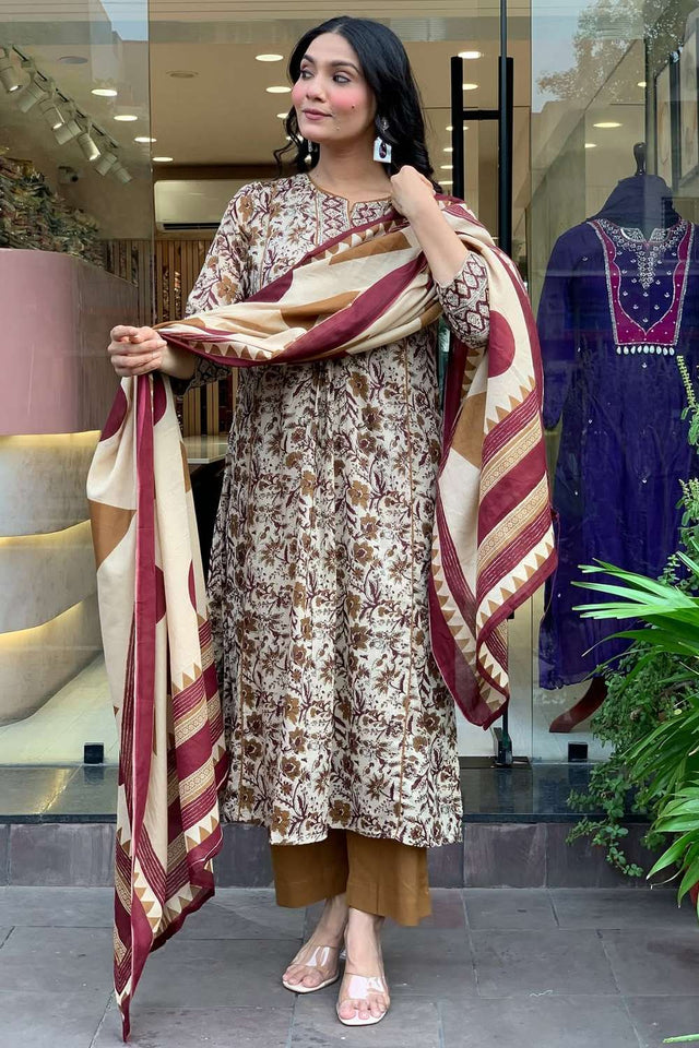 Cream Cotton Floral Embroidered Kurti Pant Set