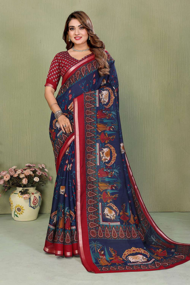 Turquoise Kalamkari Printed Cotton Saree