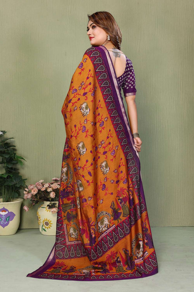 Mustard Kalamkari Printed Cotton Saree