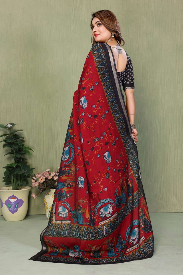 Maroon Kalamkari Printed Cotton Saree