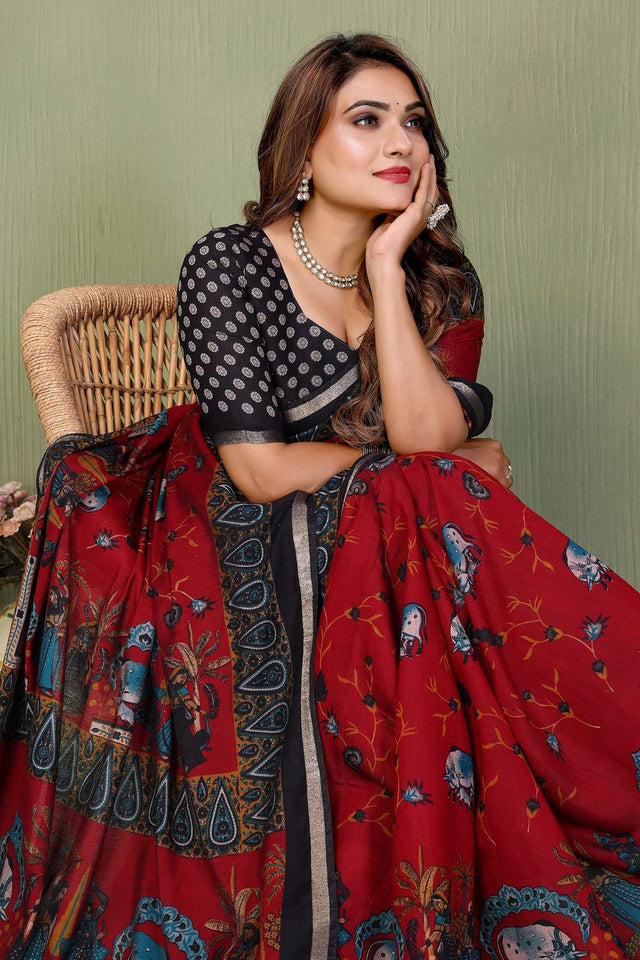 Maroon Kalamkari Printed Cotton Saree