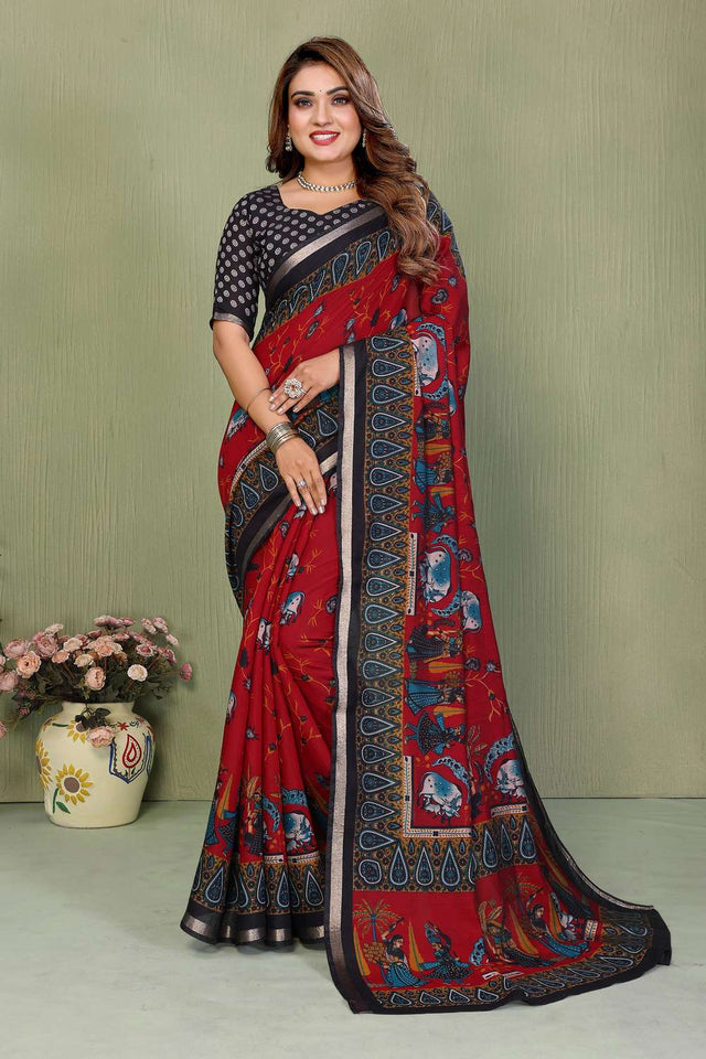 Maroon Kalamkari Printed Cotton Saree