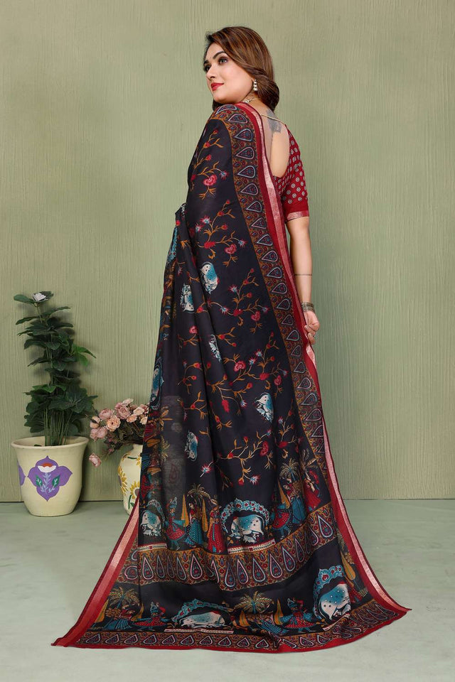 Black Kalamkari Printed Cotton Saree