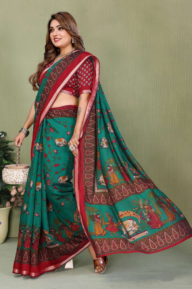Turquoise Kalamkari Printed Cotton Saree
