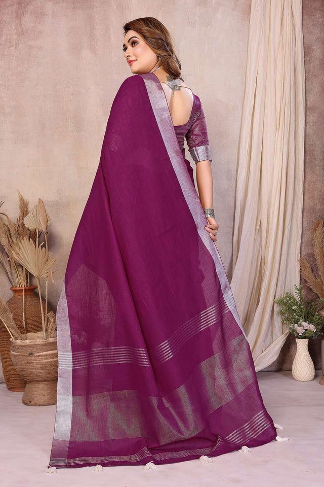 Wine Woven Linen Saree