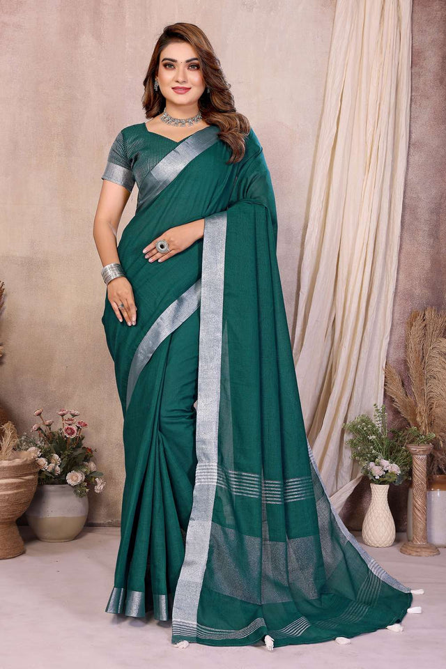 Turquoise Woven Linen Saree