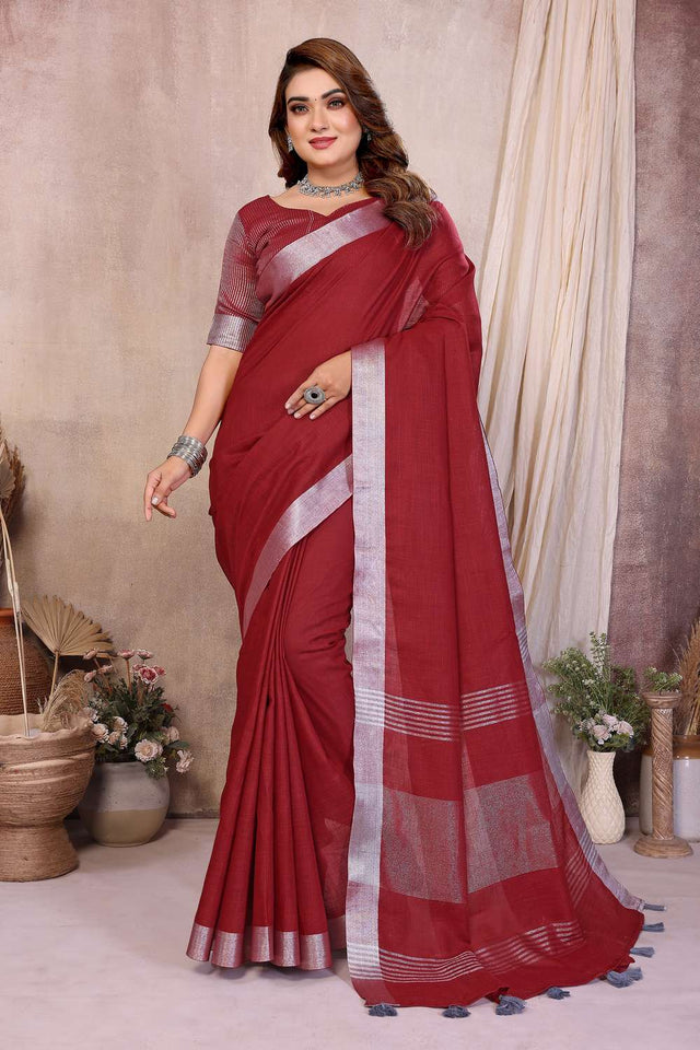 Maroon Woven Linen Saree