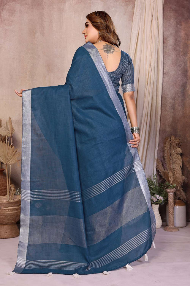 Turquoise Woven Linen Saree