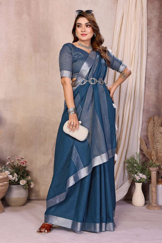 Turquoise Woven Linen Saree
