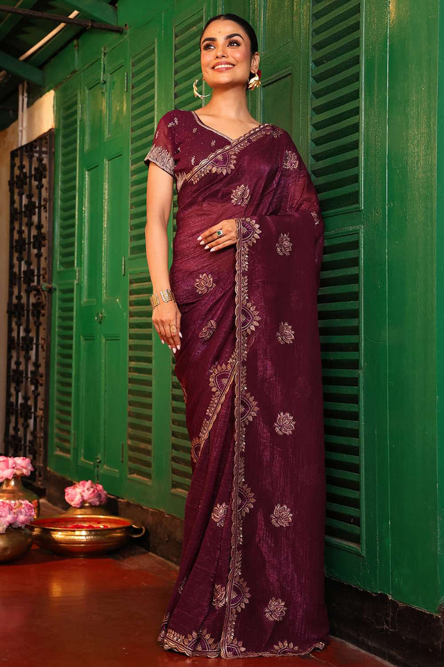 Brown Embroidered Chiffon Saree
