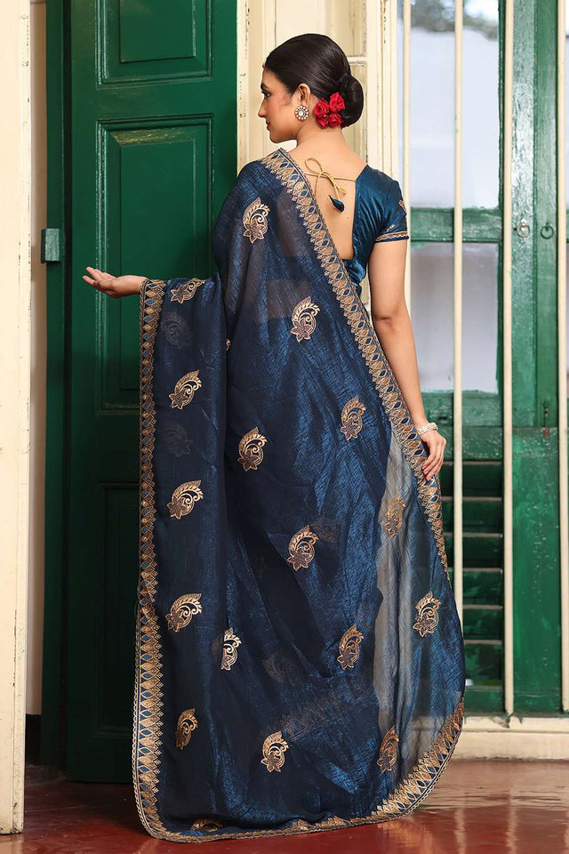 Blue Embroidered Chiffon Saree