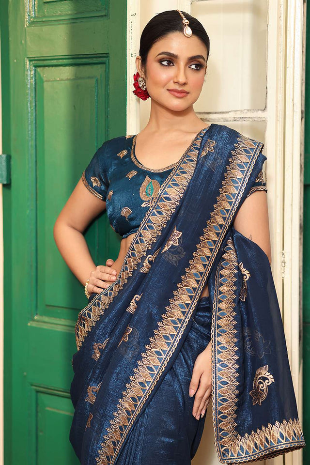 Blue Embroidered Chiffon Saree