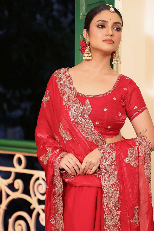 Red Embroidered Tissue Saree