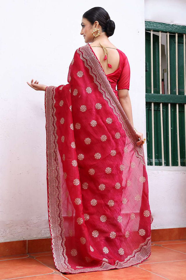 Pink Embroidered Chiffon Saree