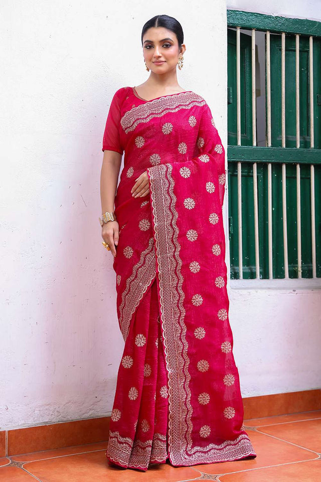 Pink Embroidered Chiffon Saree