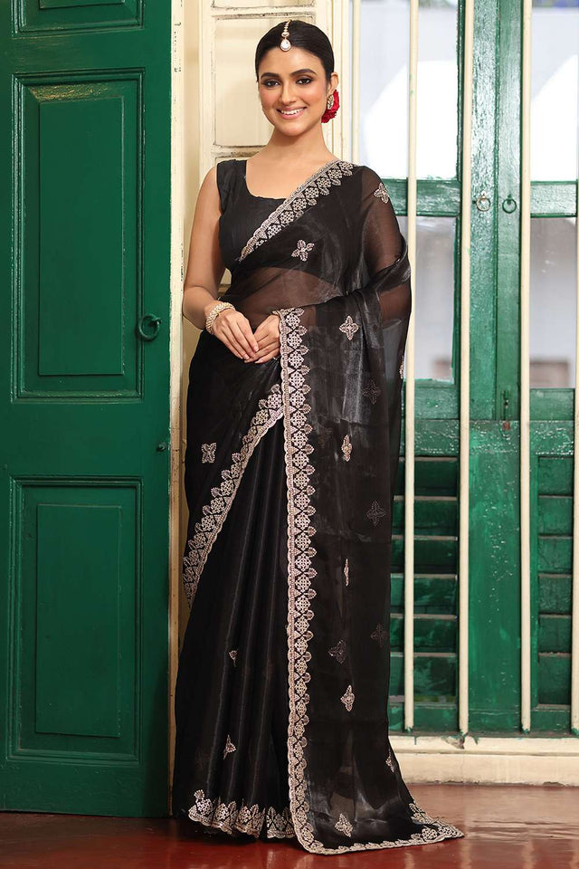 Black Embroidered Organza Saree
