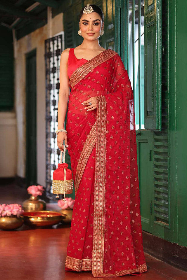 Maroon Embroidered Chiffon Saree