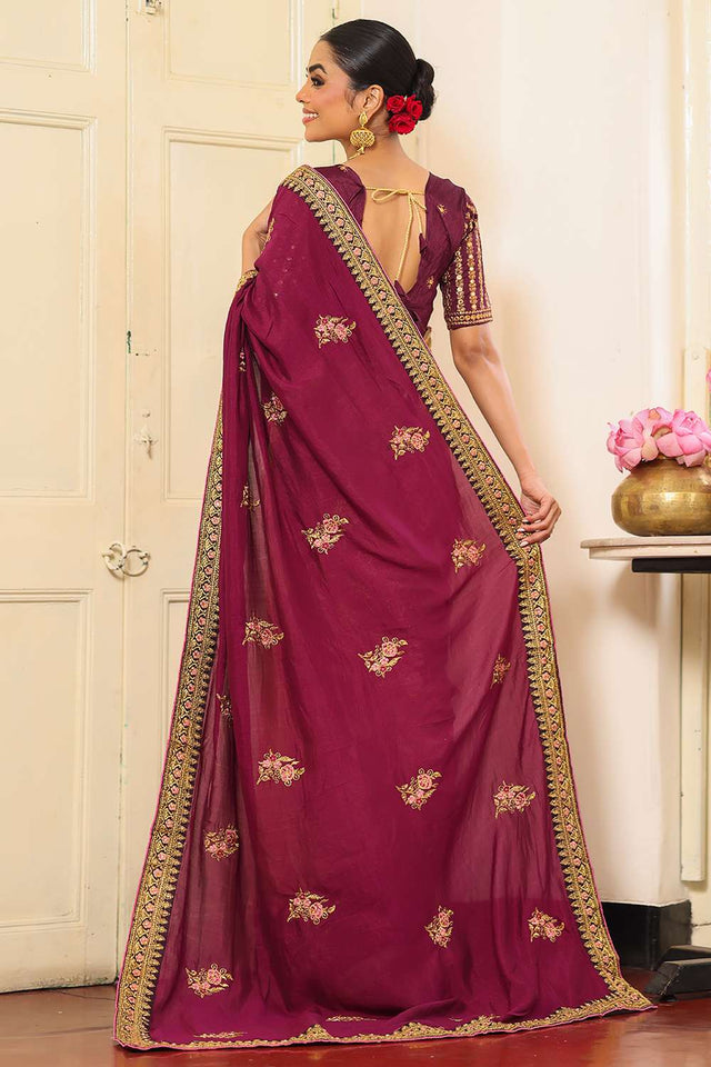Wine Embroidered Viscose Saree