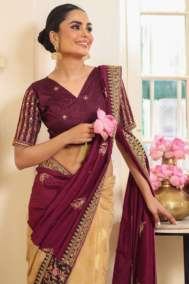 Wine Embroidered Viscose Saree