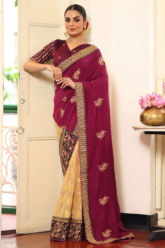 Wine Embroidered Viscose Saree