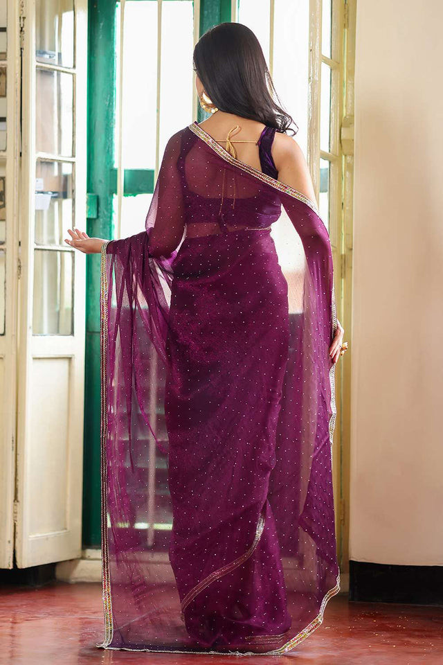 Wine Sequin Organza Saree