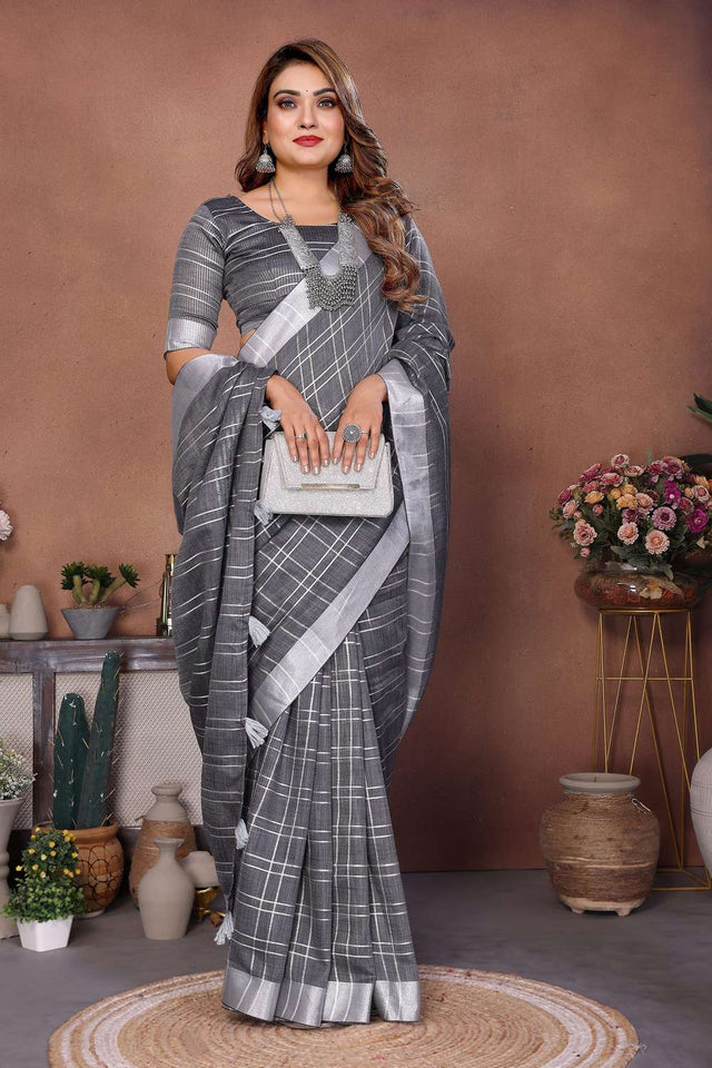 Grey Woven Linen Saree